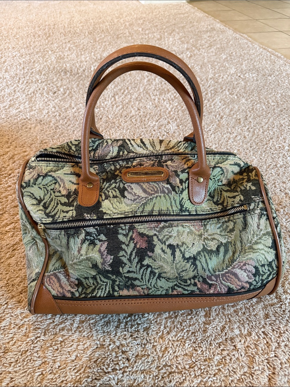 Vintage Tapestry Floral Satchel Bag with Tan Leather Trim